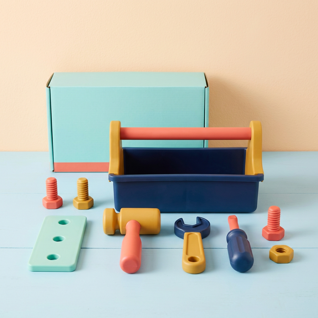 Pretend tool kit with colorful caddy, three toy tools, plate, fastener props and blank box
