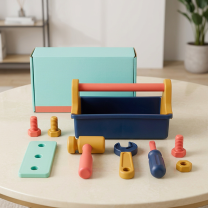 Pretend tool kit in home setting